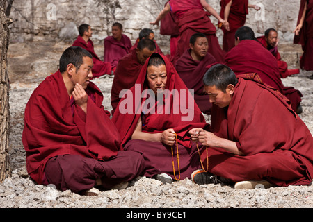 I monaci con grani di preghiera nel cortile a discutere al Monastero di Sera Lhasa il Tibet. JMH4600 Foto Stock