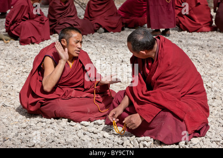 I monaci a discutere nel cortile a discutere al Monastero di Sera Lhasa il Tibet. JMH4601 Foto Stock