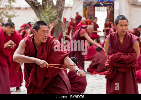 I monaci a discutere nel cortile a discutere al Monastero di Sera Lhasa il Tibet. JMH4605 Foto Stock