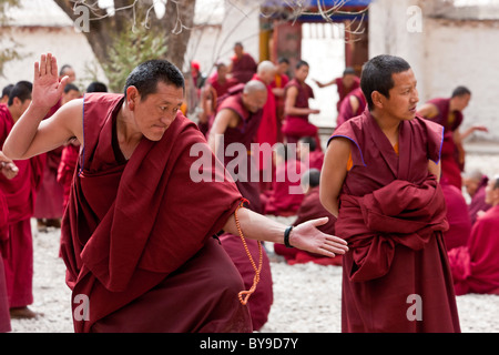 I monaci a discutere nel cortile a discutere al Monastero di Sera Lhasa il Tibet. JMH4606 Foto Stock