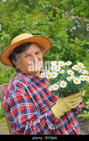 Senior donna giardinaggio - fiori di incapsulazione - Begonia Foto Stock