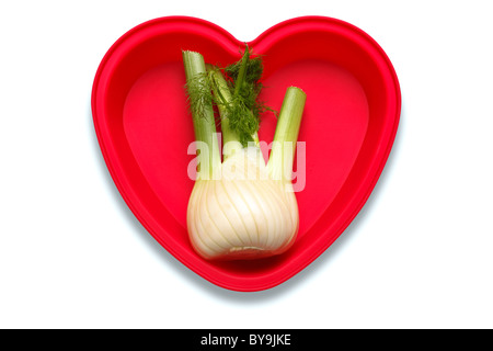 Foto concettuale di un finocchio in un cuore piatto sagomato per rappresentare un amore del vegetale, isolato su sfondo bianco Foto Stock