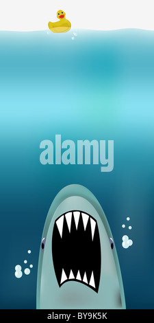 Illustrazione con grande squalo bianco attacca dall abisso, piccole rubber duck ignari del pericolo Foto Stock