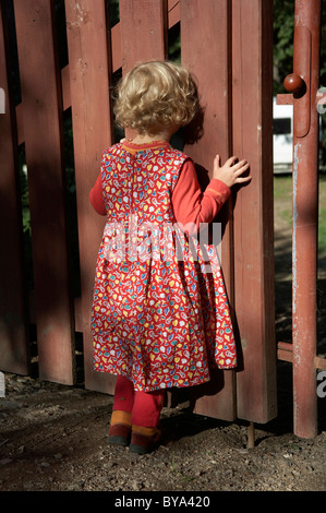 4 anno vecchia ragazza in piedi in un recinto Foto Stock