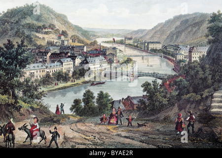 Vista di Bad Ems sul fiume Lahn, circa 1865, storico cityscape, acciaio incisione, Renania-Palatinato, Germania, Europa Foto Stock