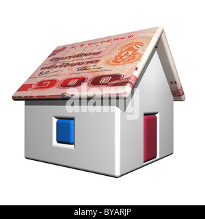 Il piccolo uno-casa di storeyed nella valuta della Thailandia, 3d, uno sfondo bianco. Foto Stock