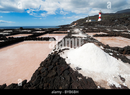 Sale stagni di evaporazione e di fari, punto de Fuencaliente, La Palma Isole Canarie Spagna Foto Stock