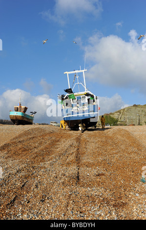 Barche da pesca essendo winched sulla Stade Hastings beach East Sussex Regno Unito Foto Stock