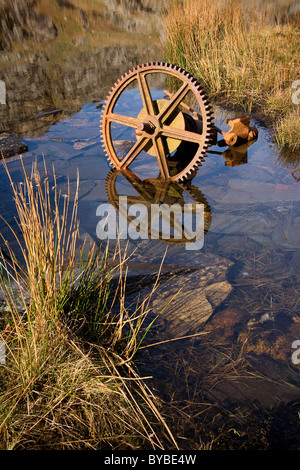 Di ferro arrugginito cog giacente in acqua al Cwmorthin ardesia cava e miniera vicino a Blaenau Ffestiniog nel Galles del Nord Foto Stock