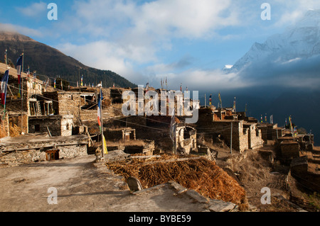 Case di pietra nel tradizionale villaggio tibetano di Ghyaru nel Mustang Annapurna regione del Nepal Foto Stock