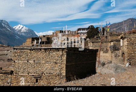 Case di pietra nel tradizionale villaggio tibetano di Ngawal nel Mustang Annapurna regione del Nepal Foto Stock