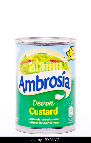 Una lattina di Ambrosia devon crema pasticcera su sfondo bianco Foto Stock