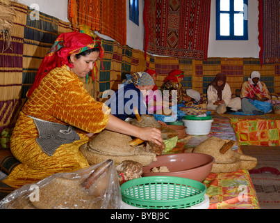 Womens marocchino cooperativa a afous argane rendendo l'olio di argan a mano in una linea di produzione del Marocco Foto Stock