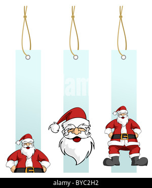 Felice Santa Claus in diversa luce blu tag pendenti. Sfondo bianco. Illustrazione Vettoriale Foto Stock