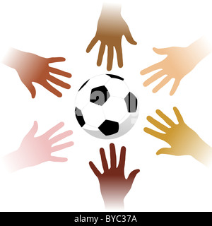 Mani multicolore che cerca di catturare un pallone da calcio su sfondo bianco Foto Stock