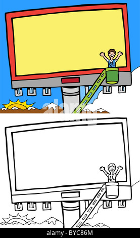 Cartone animato immagine del lavoratore mettendo un annuncio su un cartellone pubblicitario - sia a colori sia in bianco e nero / bianco versioni. Foto Stock