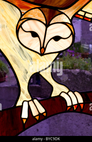 Dettaglio di una vetrata raffigurante un gufo Foto Stock