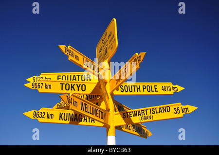 World Places Direction and Distance fingerpost a Stirling Point, Bluff (Motupōhue), Southland Region, South Island, nuova Zelanda Foto Stock