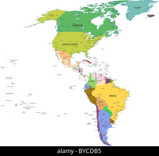 Mappa di Sud e Nord America con i paesi, i capitelli e le principali città Foto Stock