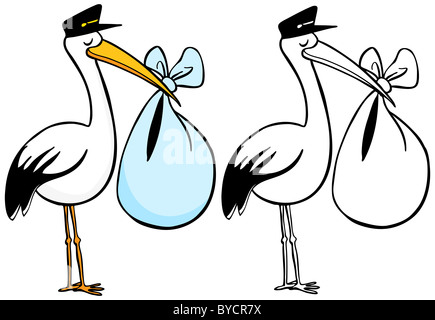 Immagine del fumetto di una cicogna offrendo un bambino - sia a colori sia in bianco e nero / bianco versioni. Foto Stock