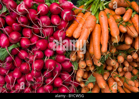 Ravanelli e carote sul mercato ortofrutticolo in stallo Foto Stock