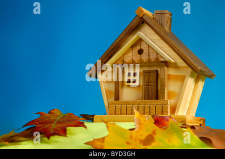 Casa in legno su una collina ricoperta con caduto foglie di autunno sotto il cielo blu Foto Stock