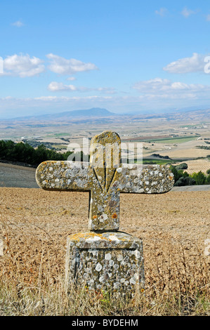 Guscio di capesante e croce, Camino de Santiago o il modo di St James, Puente la Reina, Pamplona, Navarra, Spagna, Europa Foto Stock