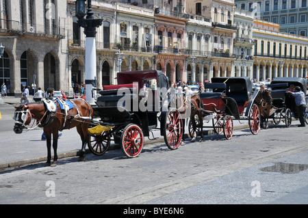 Carrozze trainate da cavalli parcheggiato di fronte al Campidoglio, paseo de marti boulevard, avana, quartiere storico, Cuba, CARAIBI Foto Stock