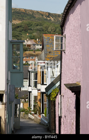 Case colorate linea Sherbourne Lane a Lyme Regis, Dorset, Inghilterra Foto Stock