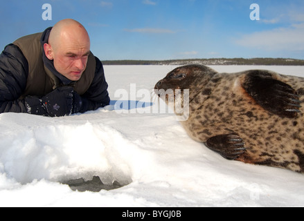 L uomo giace sulla neve e guarda alla guarnizione inanellato vicino a ice-foro. Guarnizione Jar, netsik o nattiq (Pusa hispida), Mare Bianco, artiche, Russia Foto Stock