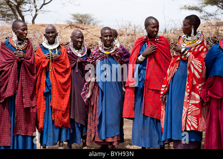 Il gruppo di donne Maasai in un villaggio Masai nei pressi del cratere di Ngorongoro, a nord-est della Tanzania, Africa Foto Stock