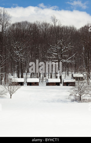 Soldato di capanne in inverno, Jockey cava, Morristown National Historical Park, New Jersey Foto Stock