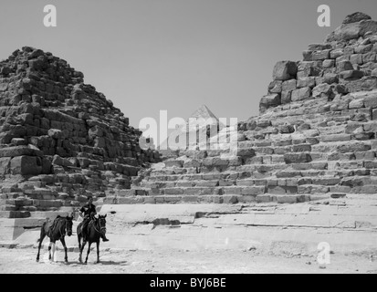 Un ragazzo corse a cavallo e porta un altro, nella parte anteriore delle piramidi di Giza in Egitto. Foto Stock