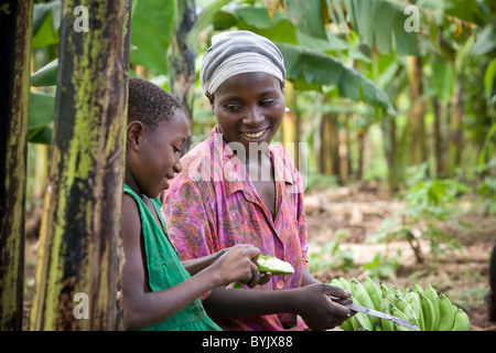 Una donna cuochi banane per il pasto serale con sua figlia nelle zone rurali a Masaka, Uganda, Africa orientale. Foto Stock