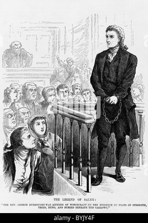 Illustrazione vintage del Reverendo George Burroughs (c1650 - 1692) di essere accusati di stregoneria durante il Salem processo alle streghe. Foto Stock