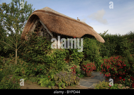 Con il tetto di paglia a summerhouse RHS Gardens Royal Horticultural Society garden Rosemoor grande Torrington Devon UK Foto Stock