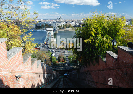 Angolo di Alta Vista di Budapest da Castle Hill Funicolare Foto Stock