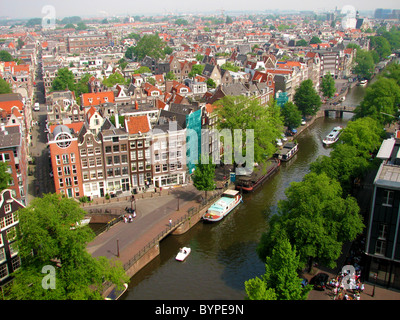 Vista del quartiere Jordaan, Amsterdam strade e canali da Westerkerk clock tower 2008 Foto Stock