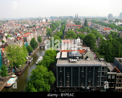 Vista del quartiere Jordaan, Amsterdam strade e canali da Westerkerk clock tower 2008 Foto Stock