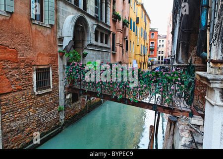 Piccolo ponte con fiori, Sestiere San Marco,Venezia, Italia Foto Stock
