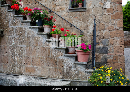 Geranio vasi di fiore su ogni gradino della scala. Vecchia casa in Civita di Bagnoregio village. Viterbo, Lazio, Italia Foto Stock