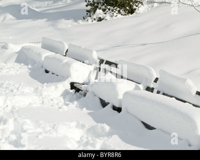 Coperta di neve panchine, Central Park, NYC Foto Stock