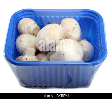 Nuovo pulsante bianco di funghi in un pacchetto di vendita al dettaglio Foto Stock