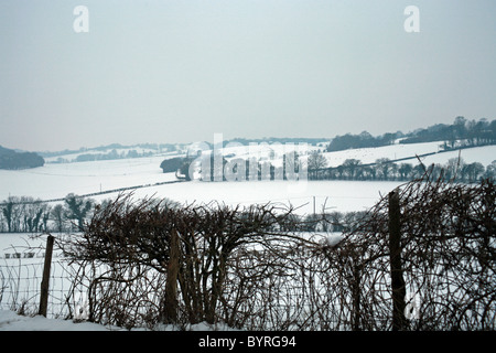 Vista della neve campi coperti dalla valle vicino Bodsham, North Downs, Ashford, Kent England Europa Foto Stock