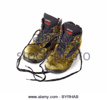 Coppia di usato scarpe da trekking Foto Stock