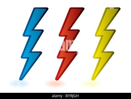 Raccolta di rosso blu e giallo di fulmini cartoon Foto Stock