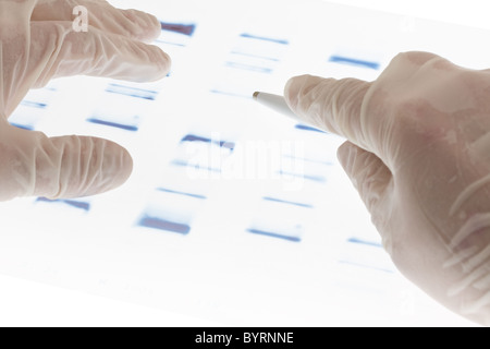 Ricercatore di esaminare la sequenza di DNA di trasparenza la diapositiva Foto Stock