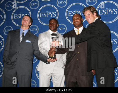 Drew Brees, Reggie Bush, Will Smith e Scott Fujita il 2007 ESPY Awards tenutosi presso il Teatro Kodak - Sala stampa Hollywood, Foto Stock