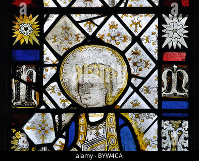 Medievale di vetro macchiato nella chiesa di S. Lorenzo, Diddington, Cambridgeshire, England, Regno Unito Foto Stock