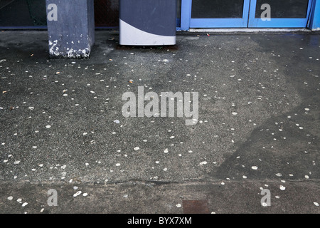 Scartata la gomma da masticare e gigatettes sul terreno al di fuori dell'ingresso di un edificio pubblico. Foto Stock